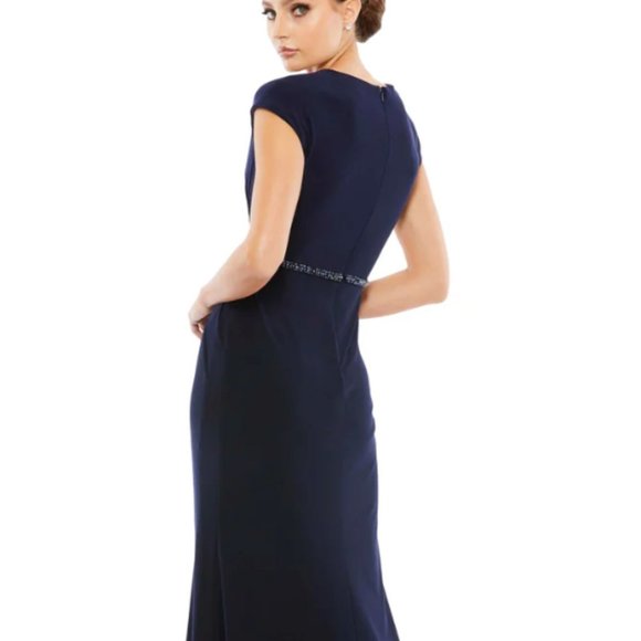 MAC DUGGAL 67850 FAUX V-NECK WRAP CAP SLEEVE JERSEY STRETCH NAVY GOWN sz 20 - Picture 2 of 7